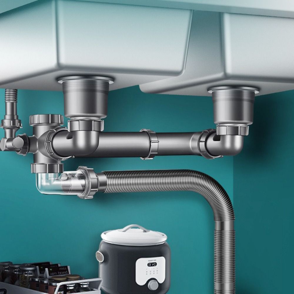 Plastic Sink Drain Pipe Set Easy Install Space Saving Sewer Replacement Pipe Single/Double Bowl Deodorant Filter