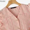 ZANZEA Women Casual V-Neck Ruffles Short Sleeve Plaid Print Blouse