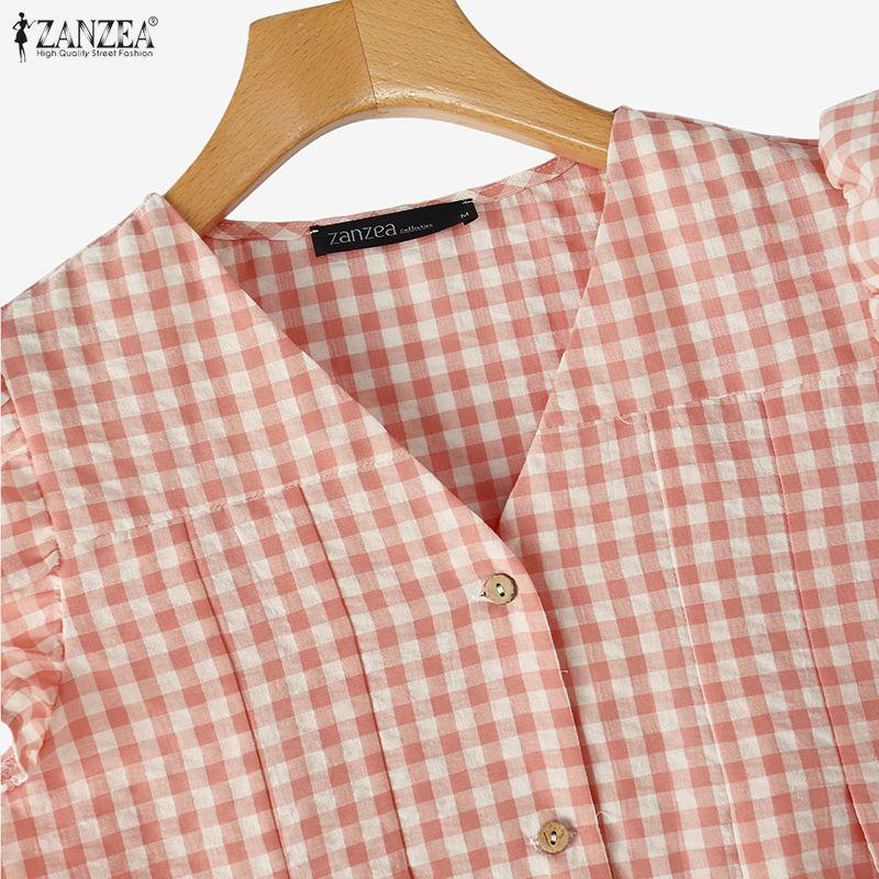ZANZEA Women Casual V-Neck Ruffles Short Sleeve Plaid Print Blouse