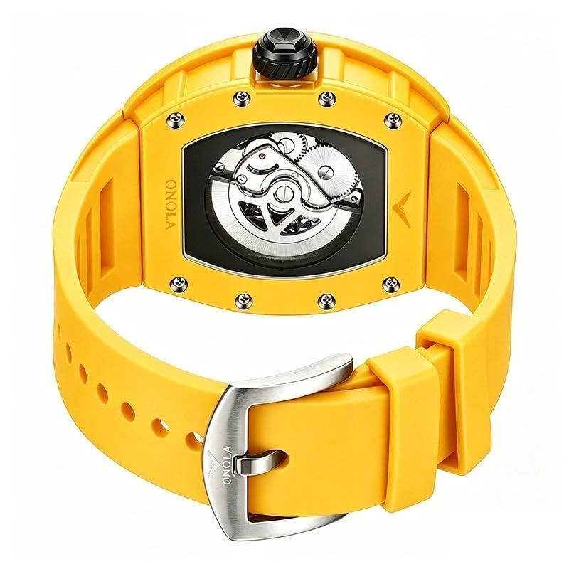 Automatic Skeleton Watch Mens Waterproof Luminous Tonneau Mechanical Wrist Watch Silicone Band