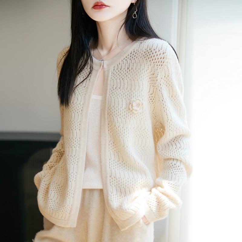 2025 Women's Wool Shawl Cardigan - Round Neck, Hollow Out, Loose Fit, Long Sleeve