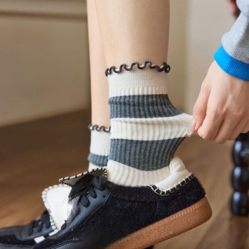 Grey Striped Socks, Women's Mid-calf Socks, Spring and Autumn Cotton Socks, Cute Cartoon Lace, Trendy Outerwear Long Socks