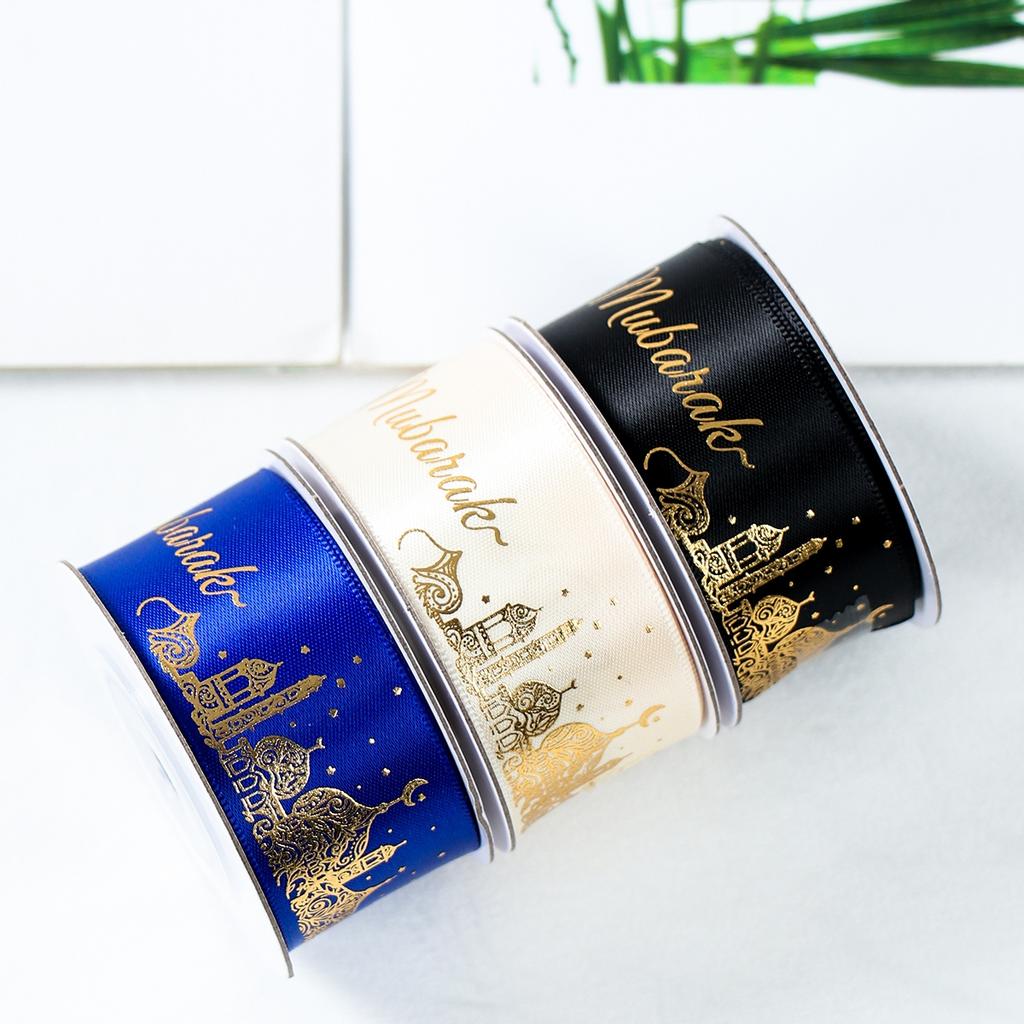 2.5cm 5 Yards Golden Print Roller Ribbons Eid Mubarak Festival Wrapping Ribbon Wrap Paper Gifts Islamic Muslim Party Supplies