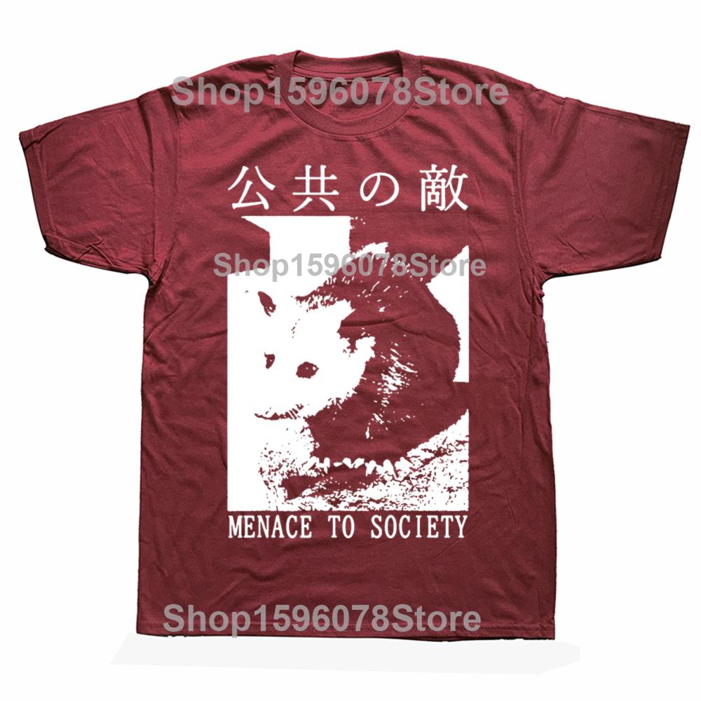 Funny Menace To Society Opossum Graphic T Shirts Men Pure Cotton Humor Streetwear Tee Shirt Short Sleeve Unisex Loose Clothing