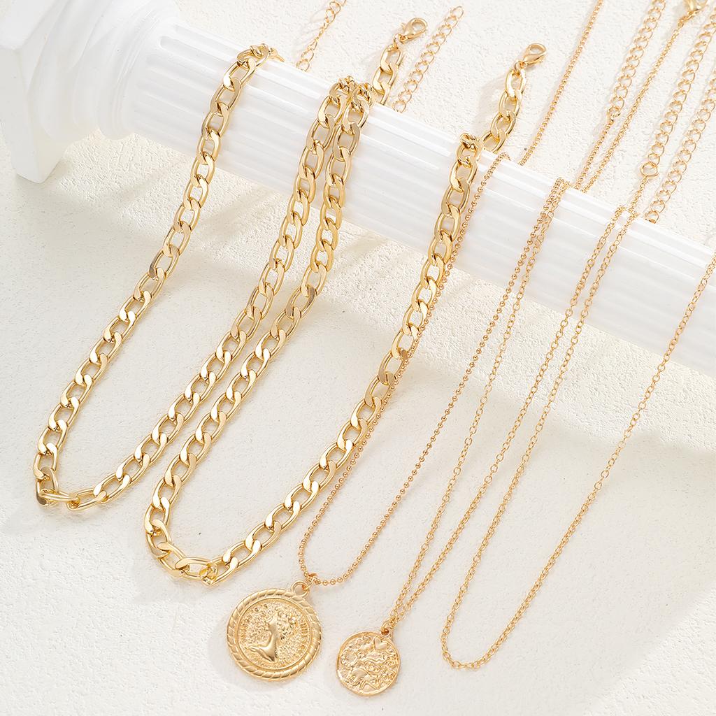 5 Pcs Vintage Punk Coin Pendant Necklace Set for Women Men Fashion Hip Hop Multilayer Thick Chain Necklace Daily Jewelry Gift