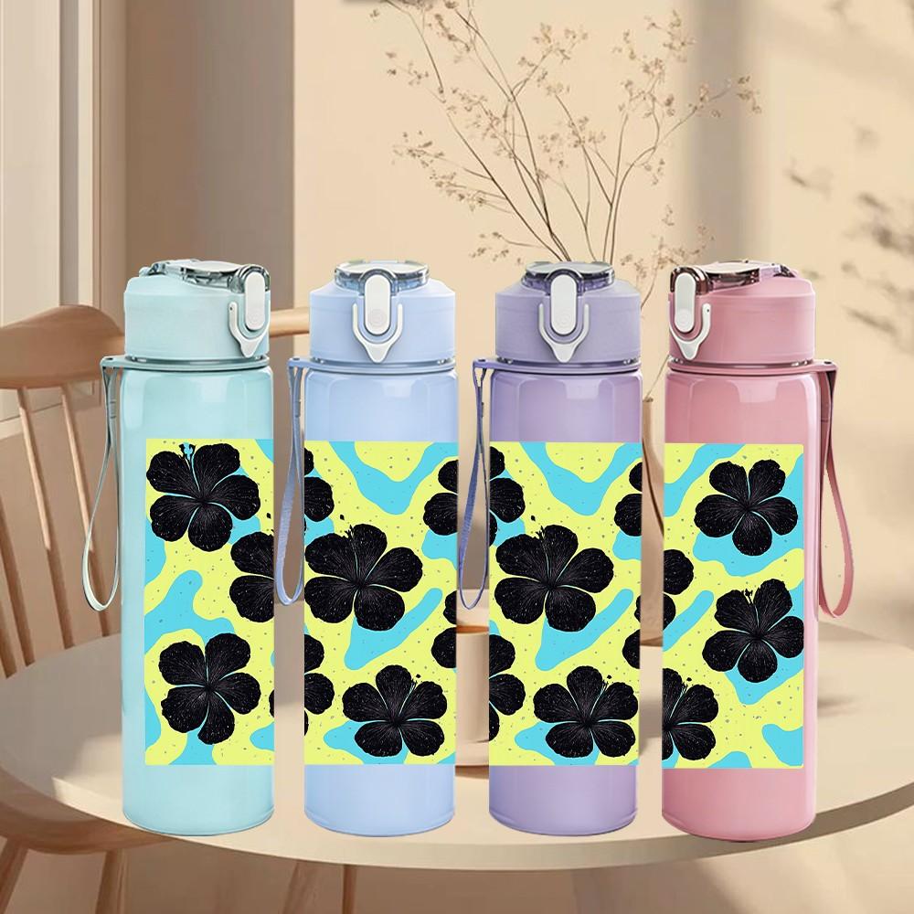 1PC Black Yellow Flower Tile Pattern Print 750ml Color Plastic Sports Water Bottle Leakproof Flip Straw Lid Suitable for Sports Office Home Use