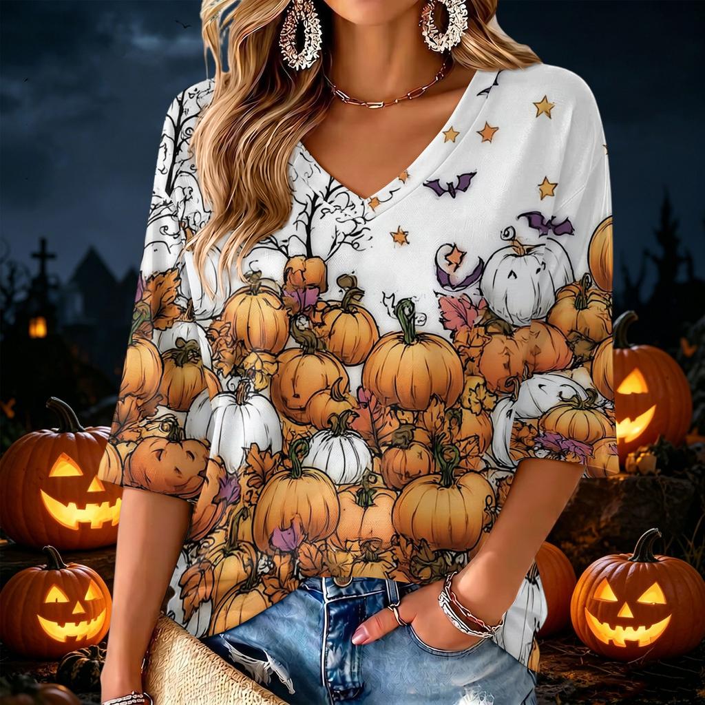 Women's V-Neck Halloween Print Lightweight Blouse for Spring and Summer