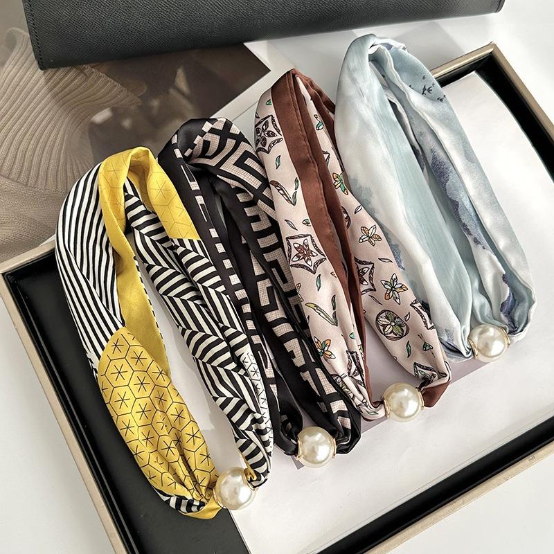 Silk scarf long strip high-end spring and summer new versatile pearl necklace neck chain scarf magnetic buckle silk scarf