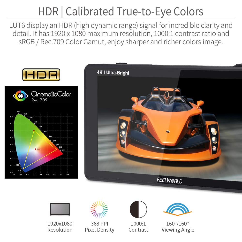 FEELWORLD LUT6S 2600nits LUT Touchscreen DSLR Camera Field Monitor with 4K 1920x1080 IPS 6-inch Ultra-Bright HDR/3D Waveform, Vectorscope, Histogram,