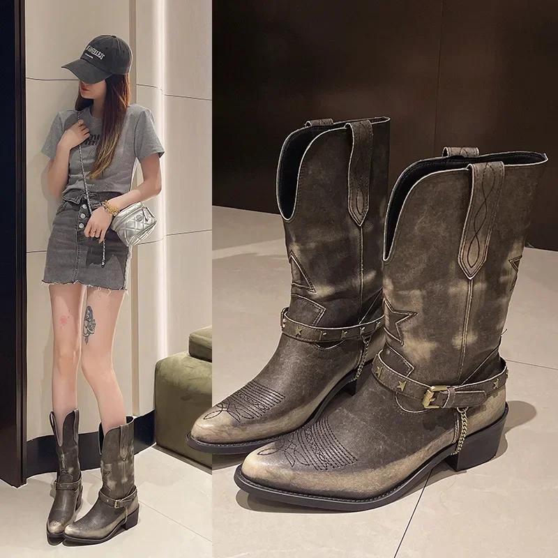 Fashion Women's Retro Cowboy Mid Calf Boots Cowboy Square Heels Pointed Toe Platform Women Chunky Heels Western Pointed Toe Metal Botas