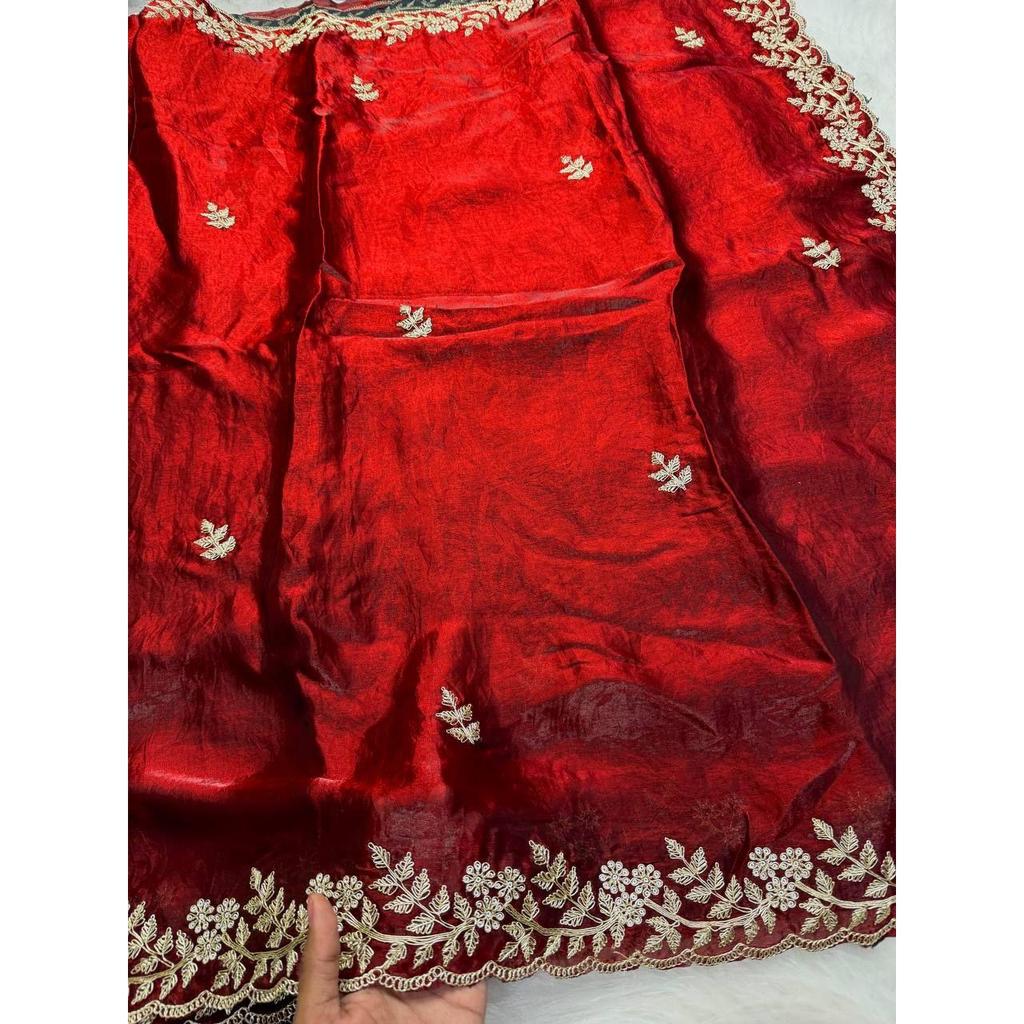 Premium Fandy satin with c pallu spring Dori embroidery work and all over sarees butta work with cutwork border