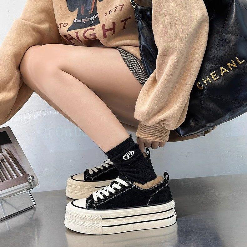 

Women s Thick-Soled Fleece-Lined Canvas Shoes - Trendy Cotton Platform for Autumn/Winter 2025 39 чёрный