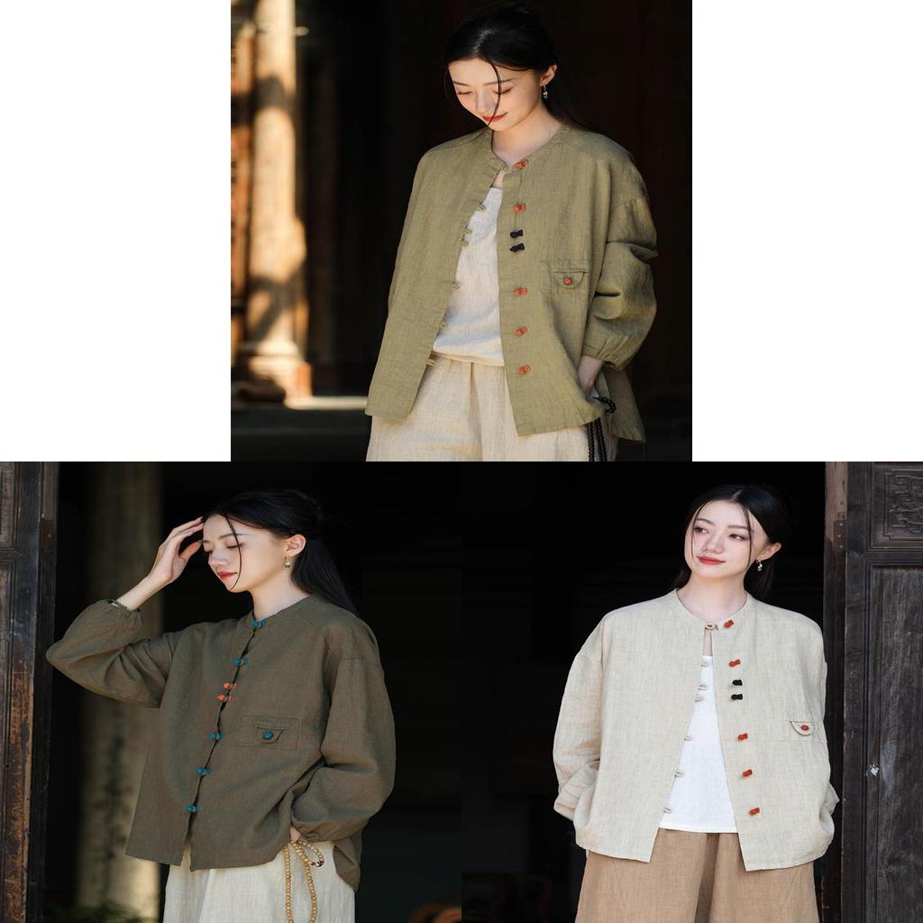 Spring 2026 Vintage Cotton Linen Shirt For Women With Colorblock Closure