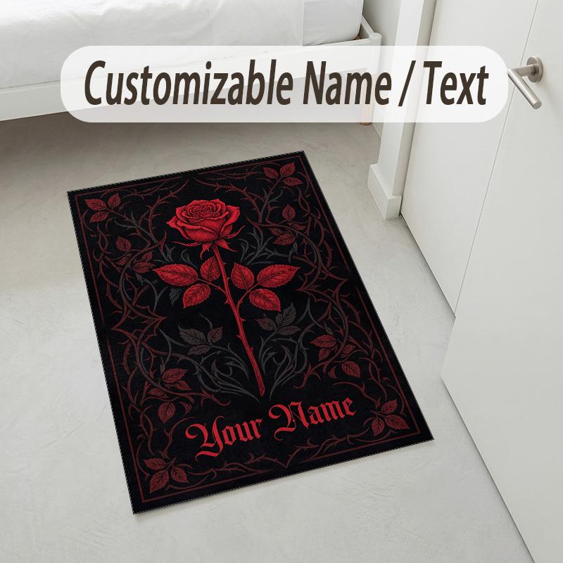 Roses Theme Soft Crystal Velvet Rug Custom Name & Text Print Non Slip Floor Rug for Bedroom Living Room
