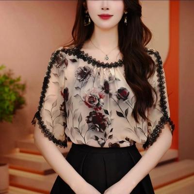 Elegant Fashionable Versatile Lace Short Sleeve Shirt Summer Loose Fit Slimming Stylish Small Floral Edge Design