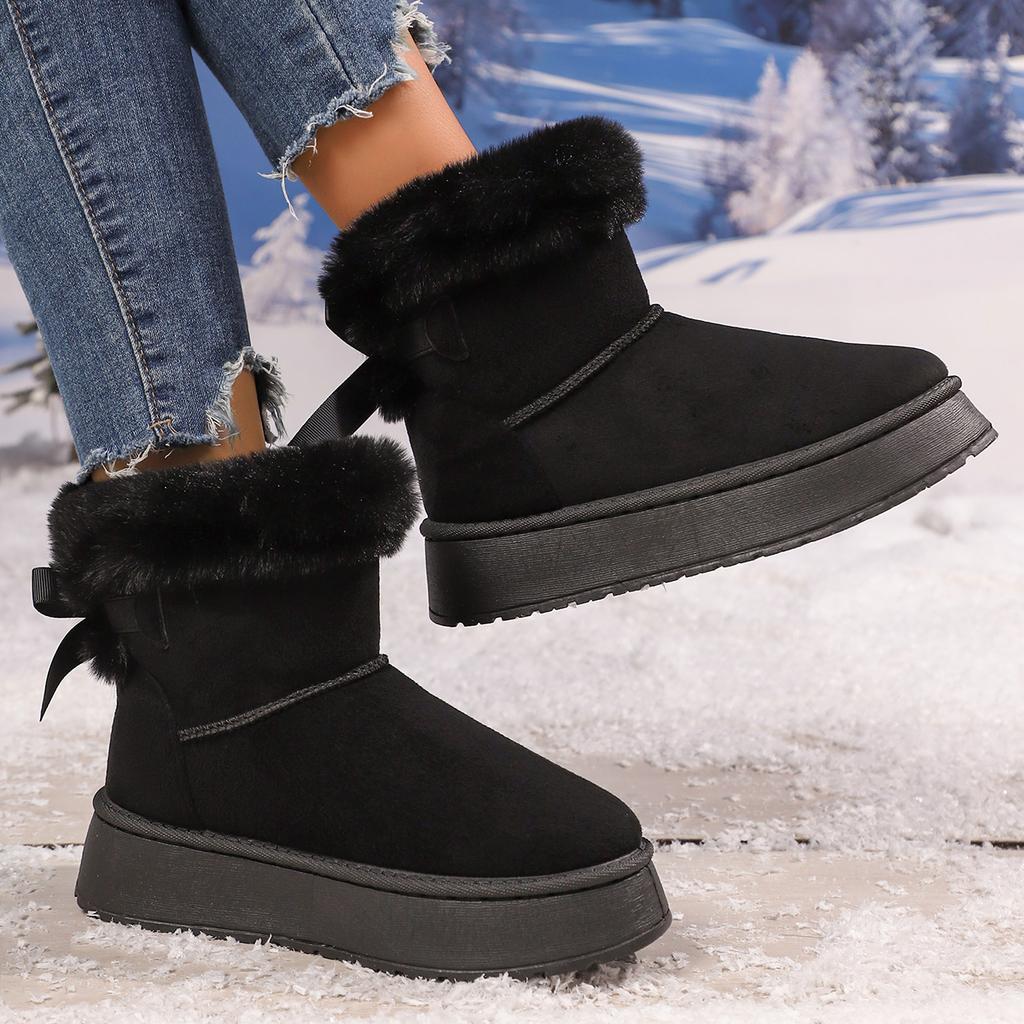 Fashion Fashionable Bow Round Toe Elegant Snow Boots Winter Flat Wear-resistant Comfortable Soft Students Plus Velvet Warm Women Shoes