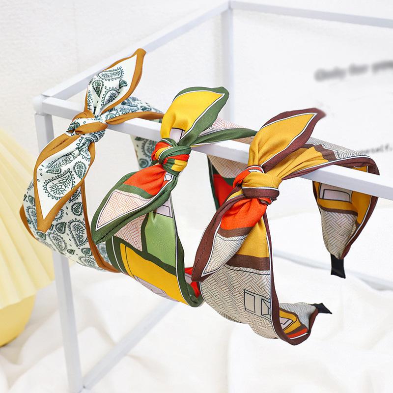 New Paisley Headband for Women Wide-Brimmed Floral Print Hairband with Bow Tie and Rabbit EarsTurban Headwrap Girls Accessories