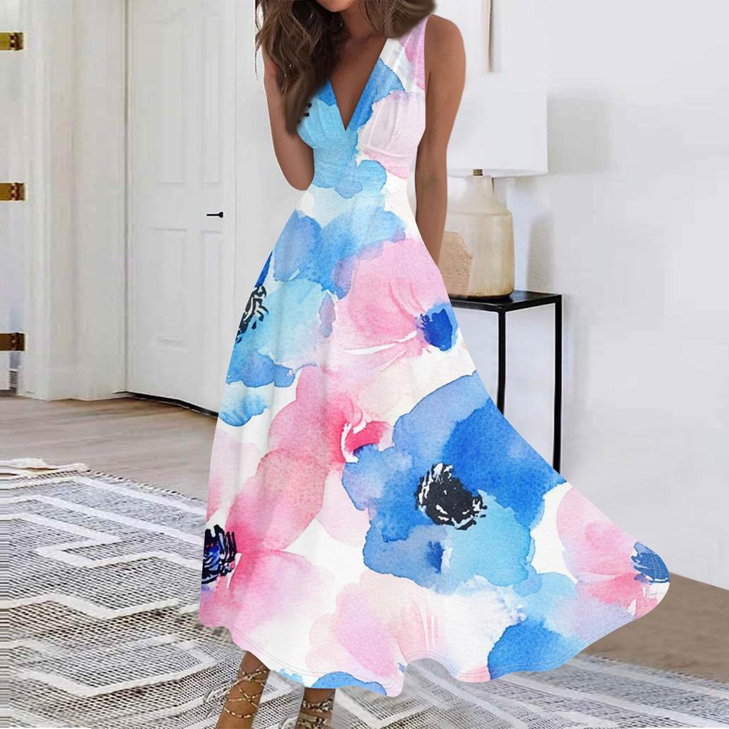 Mote dame avslappet løs V-hals ermeløs trykt kjole