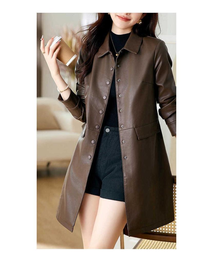 Women's High-End Slimming Lambskin Leather Jacket - Mid-Length Coat for Spring and Autumn
