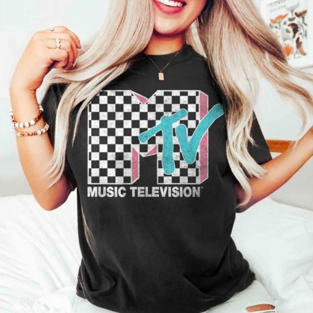 

MTV Neon Distressed Checkered Logo Graphic Women Shirts Retro 80s 90s MTV Family Matching Tee Vintage MTV Birthday Girl Tops XL
