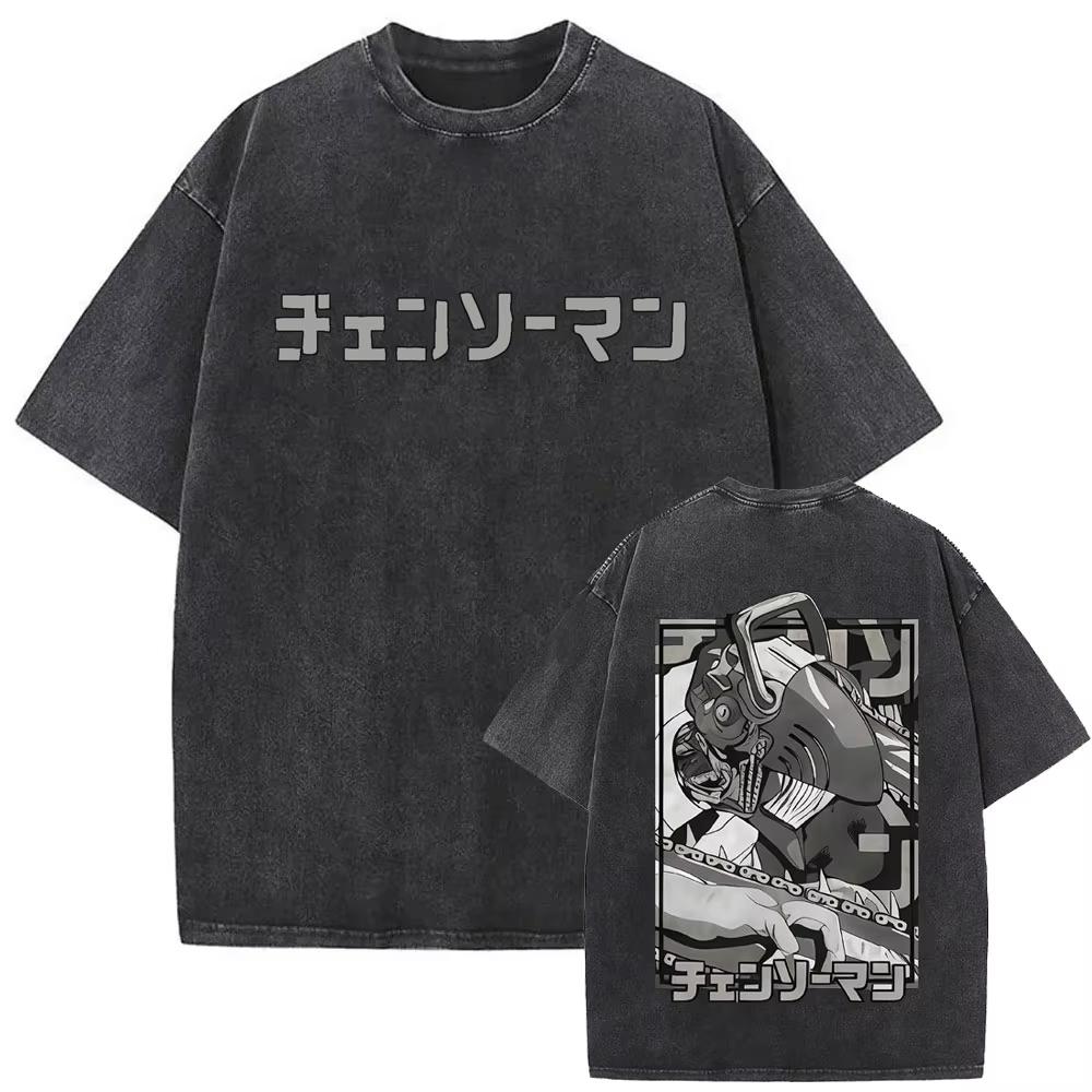 Anime Chainsaw Man Retro Gewaschenes T-Shirt Lustiges Cartoon Denji Pochita Grafik-T-Shirt Herren Damen Mode Vintage Lässige T-Shirts