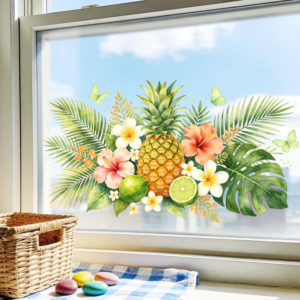 Tropical Pineapple Flower Static Cling Wall Sticker No Residue for Kitchen Decor