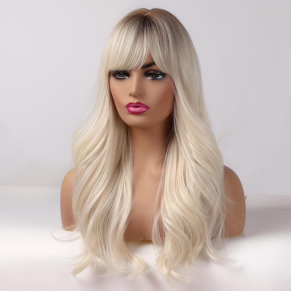 ALAN EATON Long Womens Wigs with Bangs Ombre Brown Platinum Blonde Wigs Side Part Synthetic Wavy Wigs for African American Women