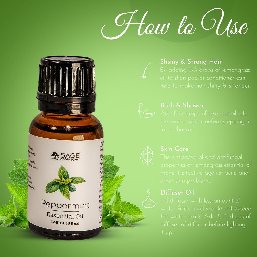 Sage Apothecary Essential Oil Natural & Pure Promotes Clear Skin, Healthy Hair | Calming & Soothing Care for Face (Peppermint, 15 Ml)