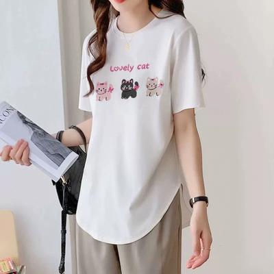 Reines Baumwoll-Schulter-Kurzarm-T-Shirt Damen Sommerbekleidung Neues lockeres gebogener Saum Mittellanges Oberteil