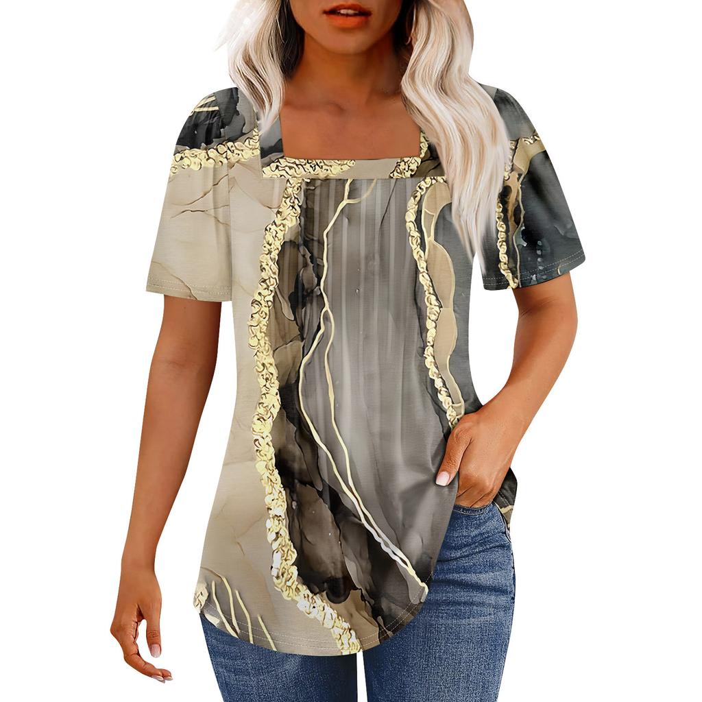 Tricouri pentru femei, plisate, cu guler pătrat, elegante, casual, bluze, imprimare, mânecă scurtă, vară, topuri, croială lejeră