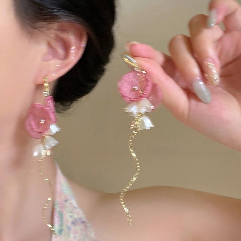 

Zircon pearl fabric flower fringed earrings super fairy beautiful girl ear hook niche exquisite versatile earrings women