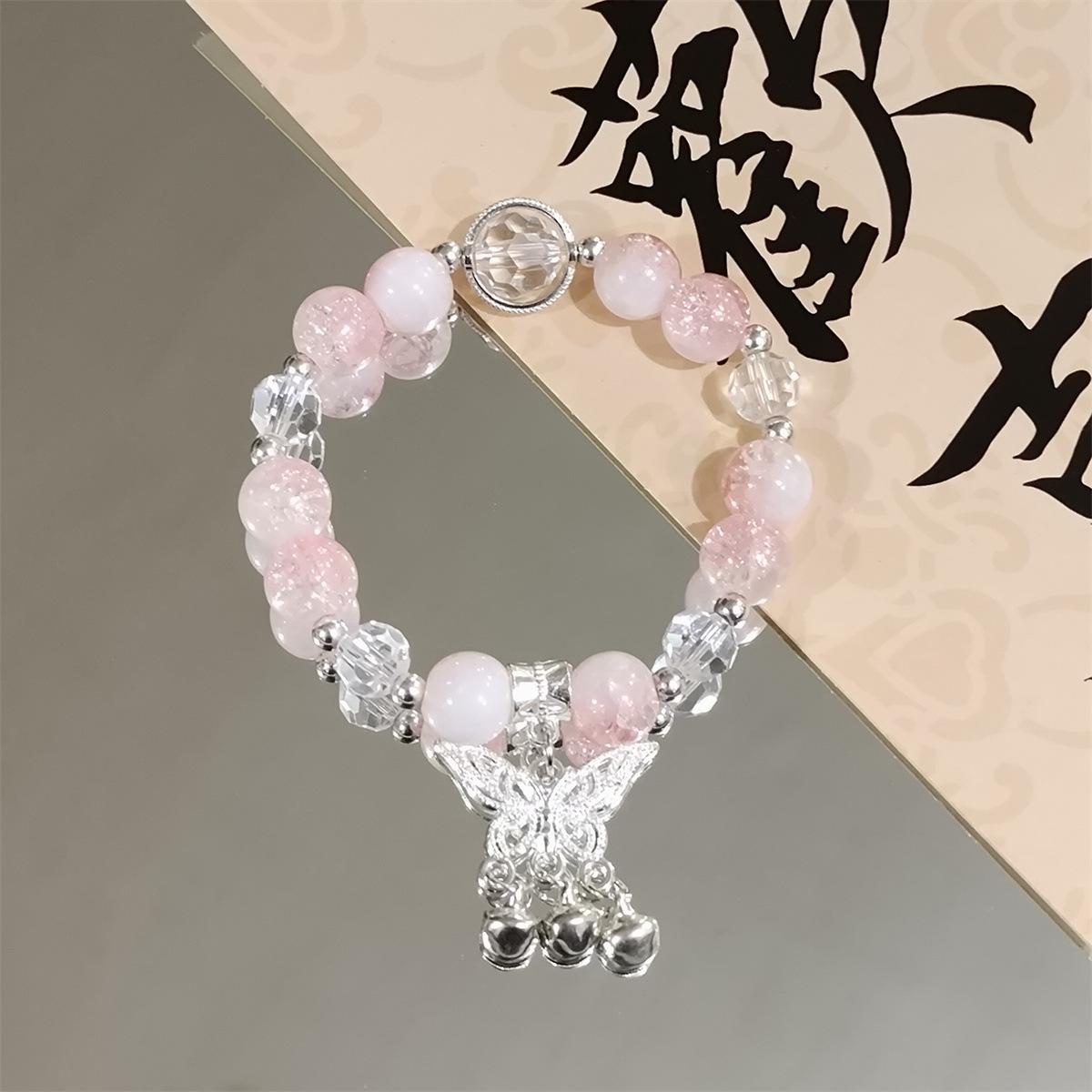 

Милые браслеты для девочек на руку с бабочкой, сердечком, колокольчиком, замком-кисточкой, бисером с трещинами на льду, стеклянными бусинами, эластичным браслетом для студентов 1PCS розовый