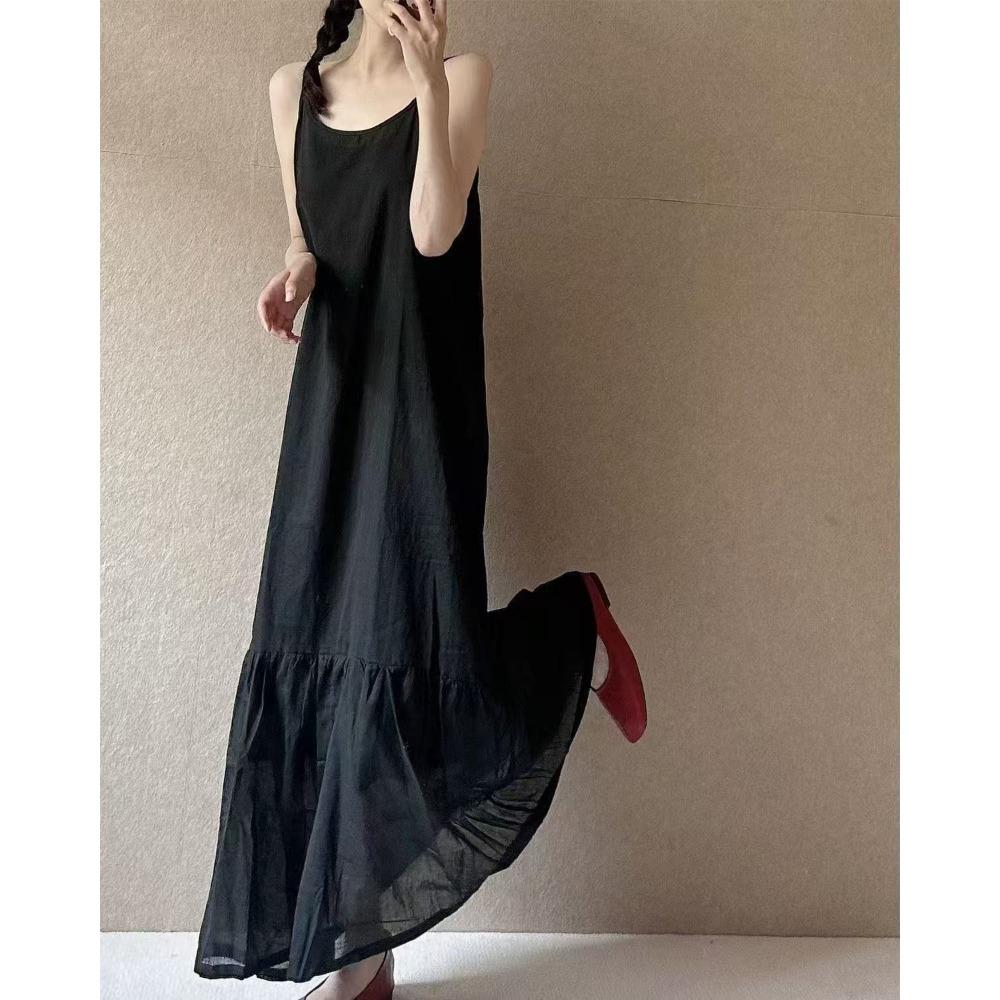 Cotton and Linen White Dress Minimalist Spliced Strap Elegant New Loose Artistic Long Skirt