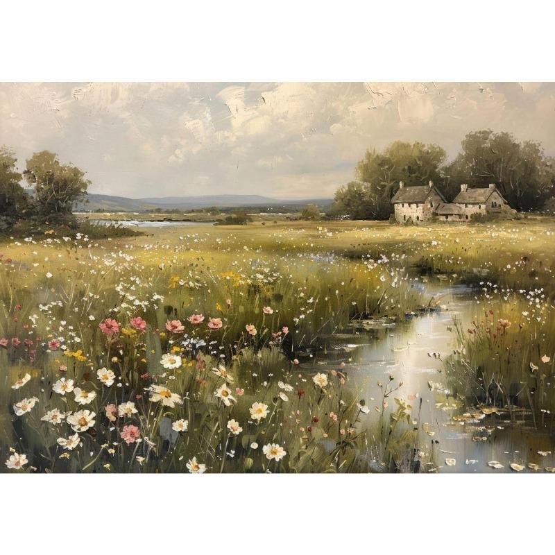 Vintage Ländliches Bauernhaus Wildnis Wildblumenfeld Landschaft Kunst Poster Leinwanddruck Wohnzimmer Schlafzimmer Heimdekoration Geschenke
