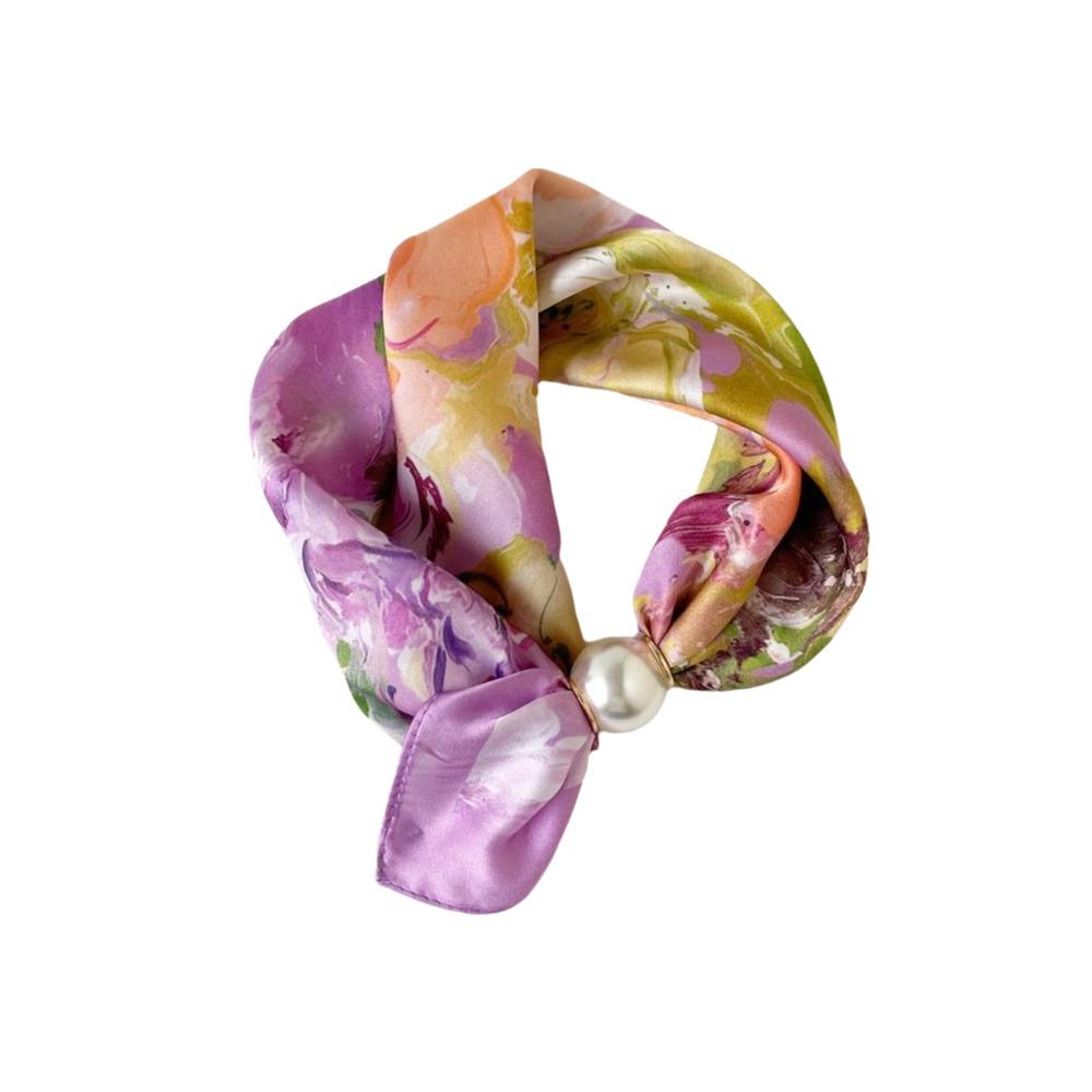 Soft Silk Scarf Lightweight Printed Neck Scarf Elegant Pearl Buckle Scarf Female Style-10