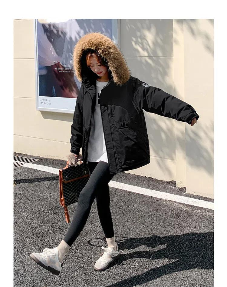 Damekåpe for høst og vinter Ensfarget Hette Pelskrage Kort Løs Fortykket Vindtett Fasjonabel Damejakke