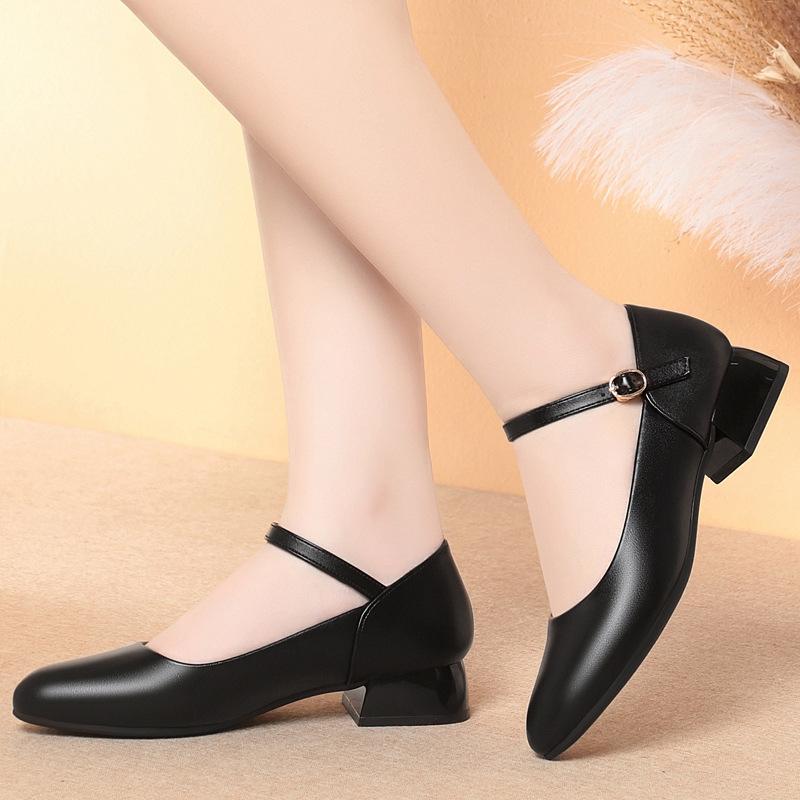 Soft Sole Single Shoes One-Button Thick Heel Round Toe Work Shoes Women's Black Work Shoes Women's Leather Shoes Comfortable
