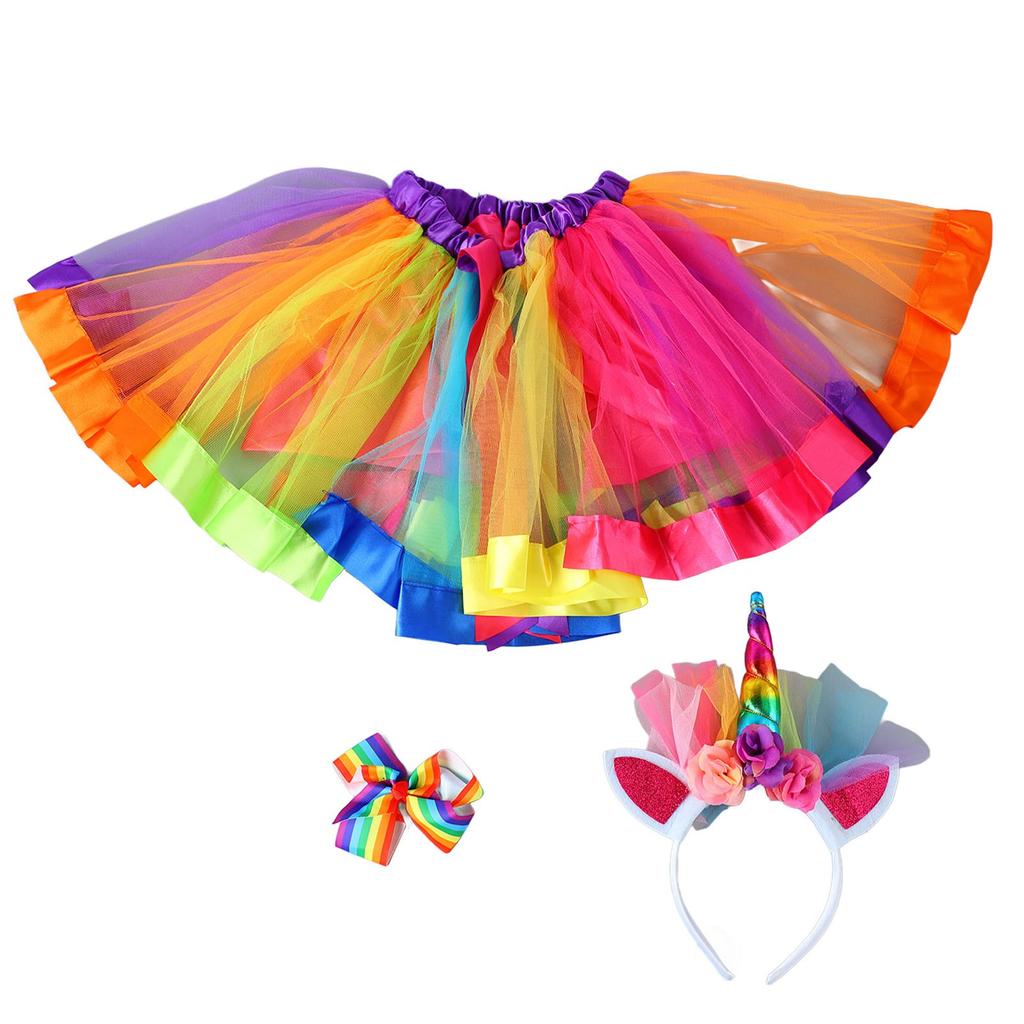 Children Colorful Skirt Cute Cartoon Costume Set Girl Ballet Skirt with Hair Clip Headband Colorful Free Size