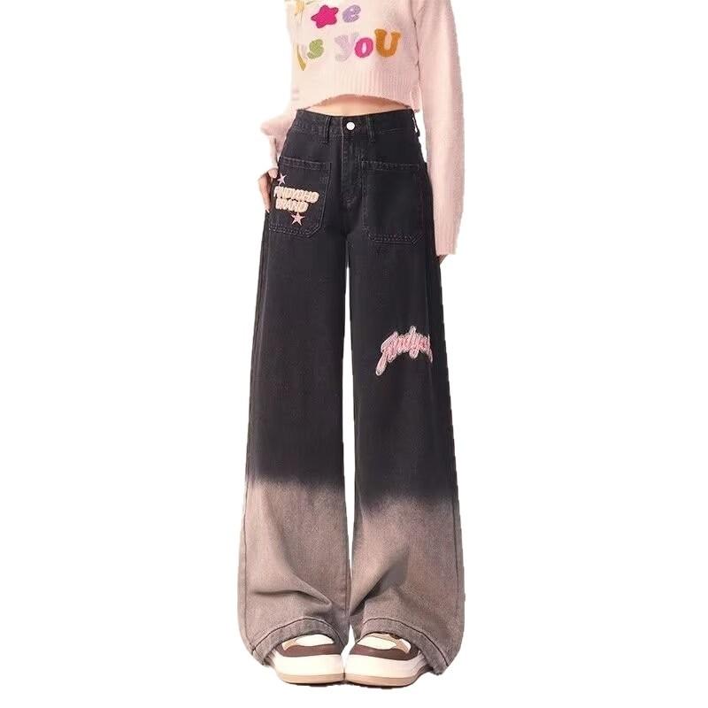 Gradual change embroidered wide-leg jeans women's large size niche loose straight casual long pants Trendy Women's High-waisted Gradient Wash Jeans