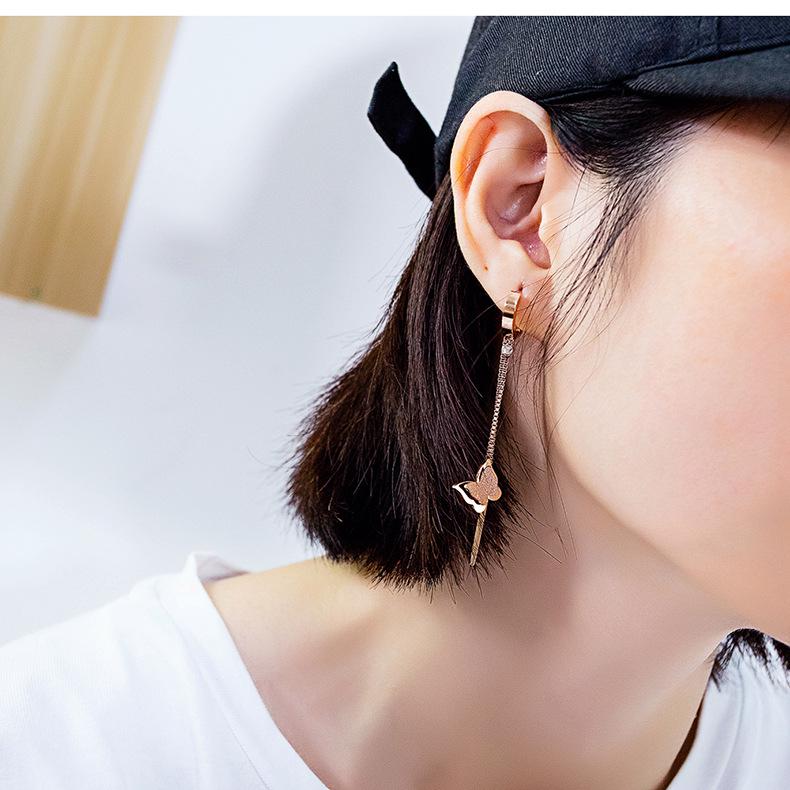 New Korean Tassel Butterfly Titanium Steel Stud Earrings for Women