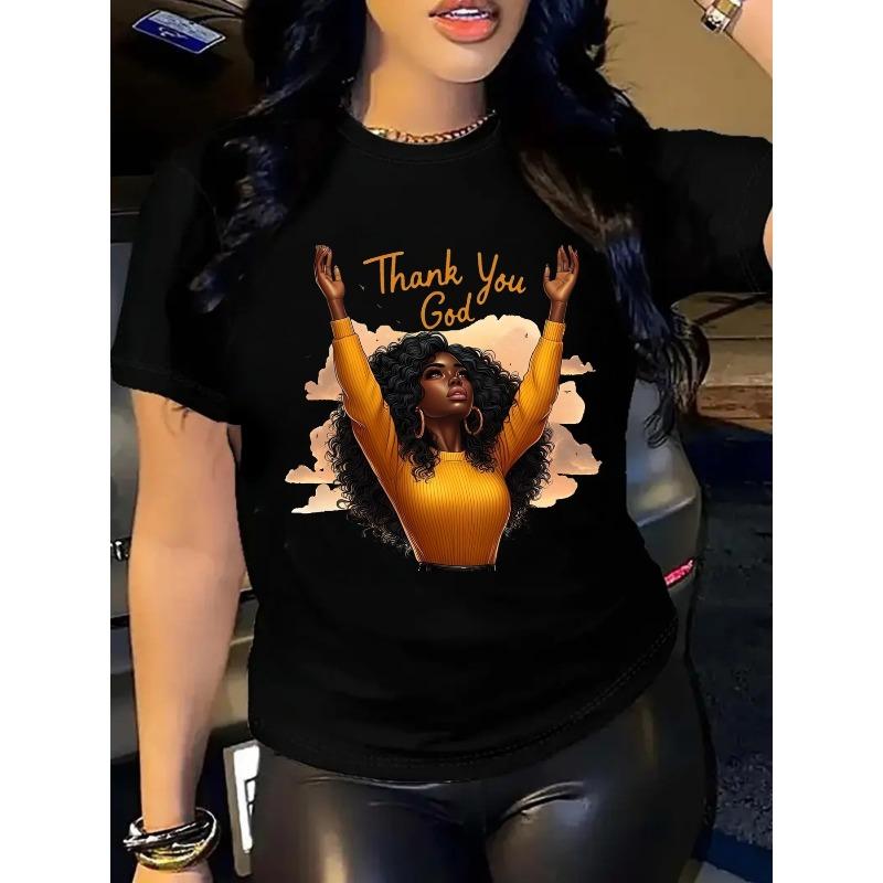 

European Size Women S White Thank God Printed T-Shirt | Crew Neck Short Sleeve Top with Praying Hands and Orange Lettering Design, 4XL чорний