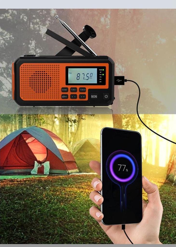 Solar-Powered Multi-Function Emergency Radio and Flashlight with Hand Crank and Power Bank