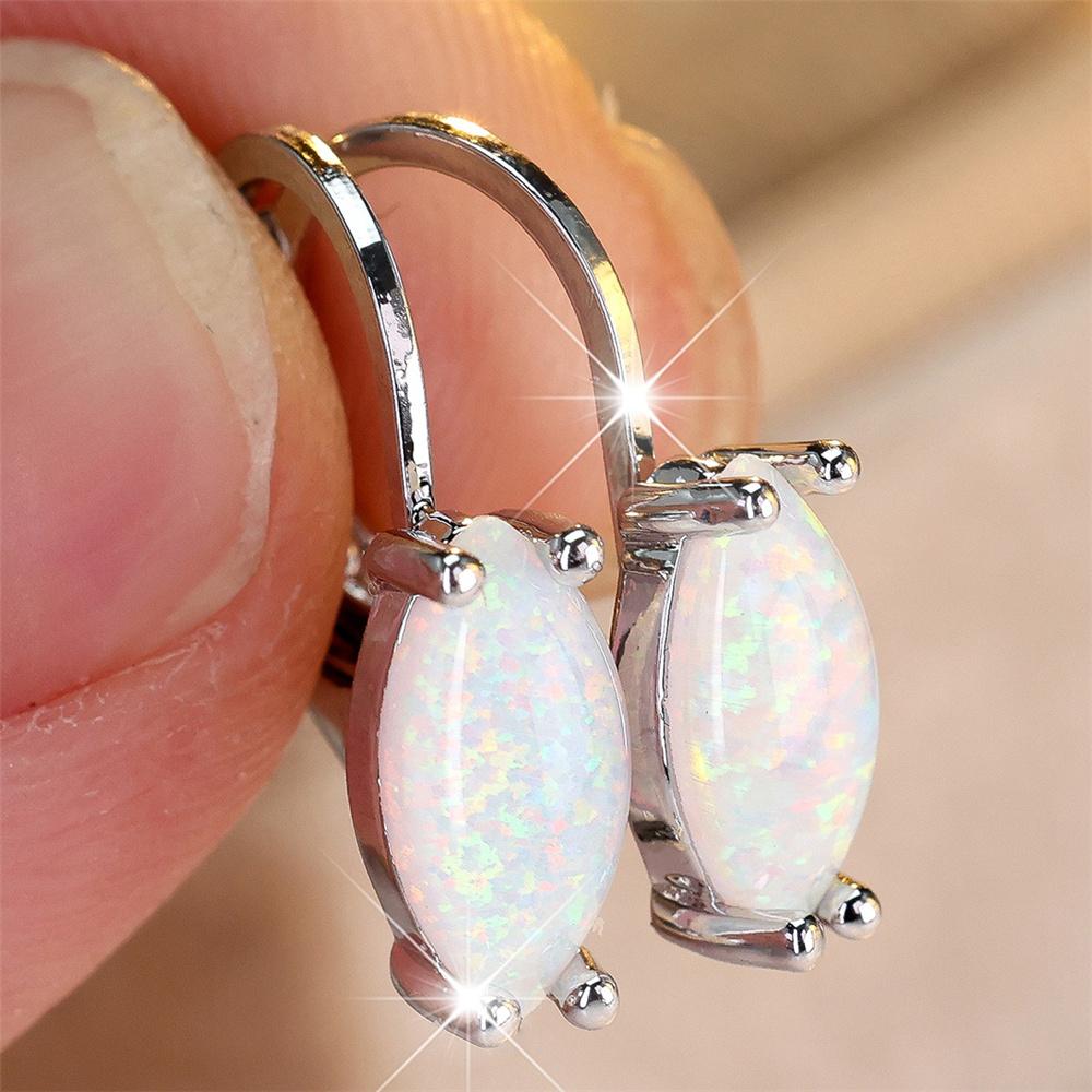 

Luxury Blue Pink White Opal Oval Stone Hoop Earrings For Women Vintage Female Fashion Silver Gold Color Wedding Jewelry