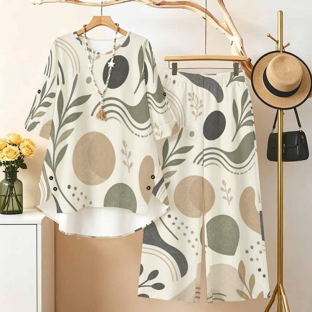 Women Plus Size Round Neck Mid Sleeve Printed Asymmetrical Top Wide Leg Pants Two Piece Set