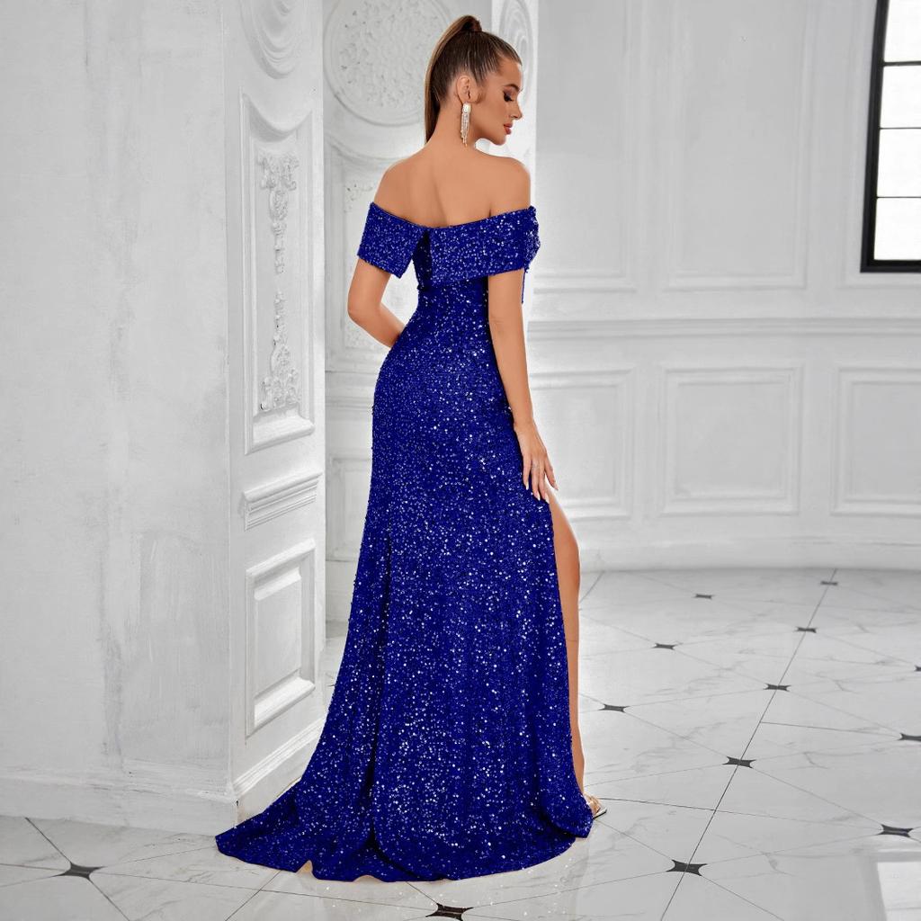 European and American Banquet Design Split-ended Dress, Heavy Industry One-word Collar Slim and Thin Sequined Dress Long Dress