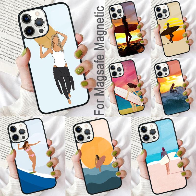Surfboard Surfing Art Surf Girl Soft Phone Case for iPhone 17 Air 16e Pro Max 15 Pro 13 14 Plus 11 12 MagSafe Magnetic Coque