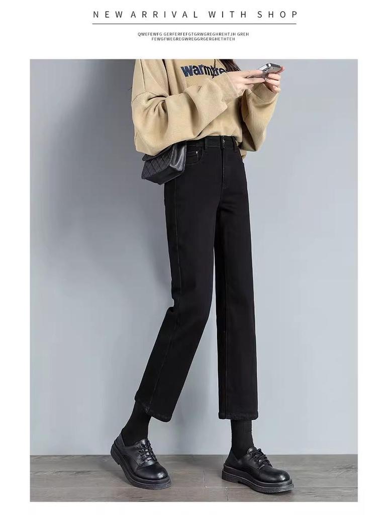 Women's Black High-Waist Cropped Jeans: 2026 Spring/Autumn Slimming Cigarette Pants