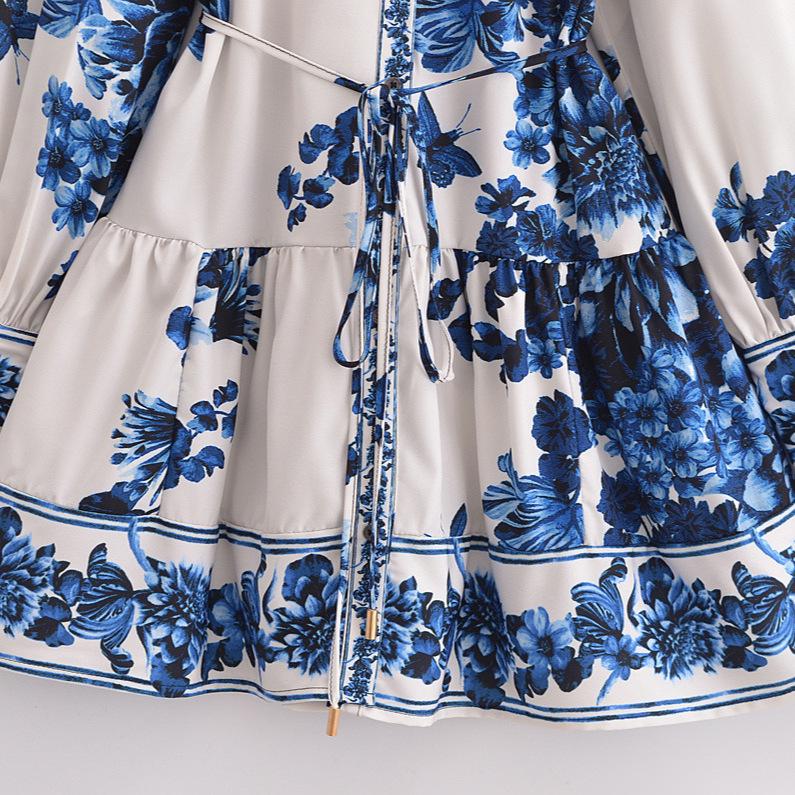 Spring 2025 Women's European & American Style Waist-Tie Long Sleeve Dress