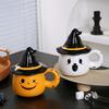 Ghost Pattern Ceramic Cup with Elf Hat Lid Halloween Theme Handmade Artwork