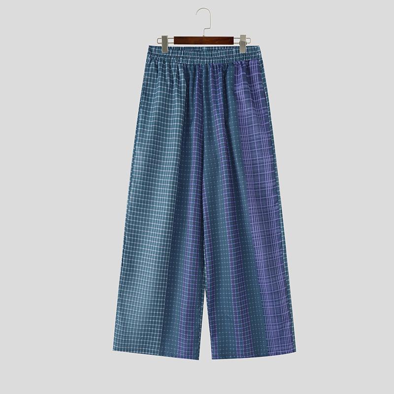 INCERUN Men's Plaid Wide Leg Trousers Elastic Waist Casual Straight Loose Pants